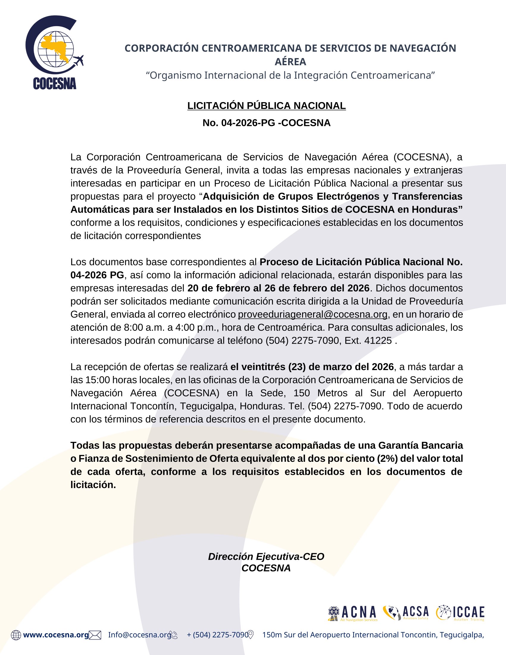 Licitación Pública Nacional No. 04‑2026 PG -COCESNA: Adquisición de Grupos Electrógenos y Transferencias Automáticas para ser Instalados en los Distintos Sitios de COCESNA en Honduras