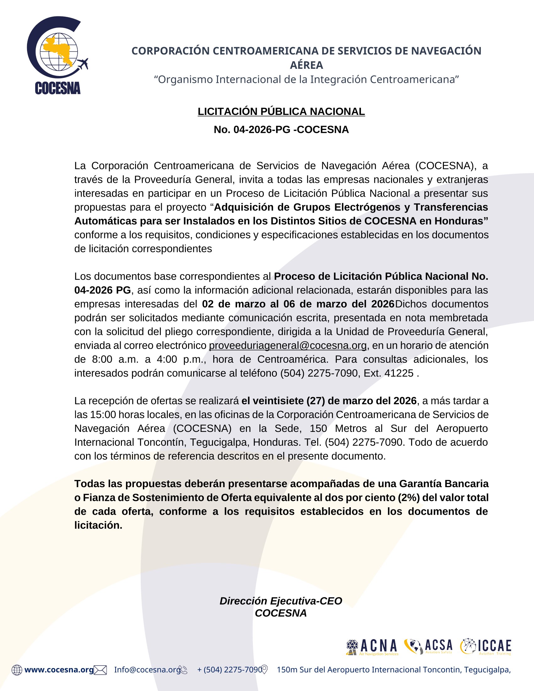 Licitación Pública Nacional No. 04‑2026 PG -COCESNA: Adquisición de Grupos Electrógenos y Transferencias Automáticas para ser Instalados en los Distintos Sitios de COCESNA en Honduras