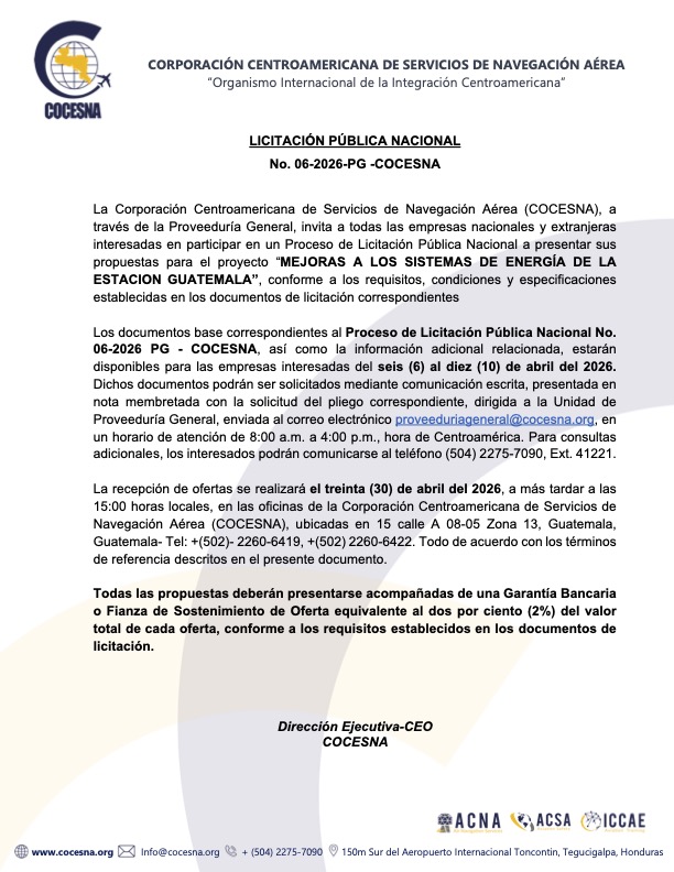 LICITACIÓN PÚBLICA NACIONAL No. 06-2026-PG -COCESNA MEJORAS A LOS SISTEMAS DE ENERGÍA DE LA ESTACION GUATEMALA
