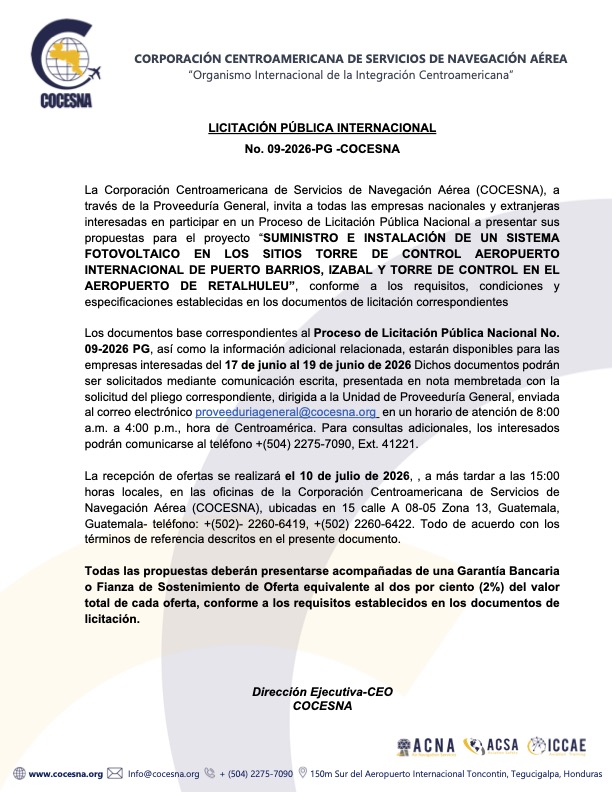 LICITACIÓN PÚBLICA INTERNACIONAL No. 009-2026-PG -COCESNA “SUMINISTRO E INSTALACIÓN DE UN SISTEMA FOTOVOLTAICO”
