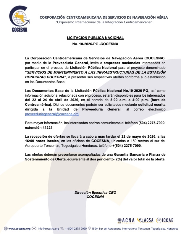 LICITACIÓN SERVICIOS DE MANTENIMIENTO A LAS INFRAESTRUCTURAS DE LA ESTACIÓN HONDURAS COCESNA