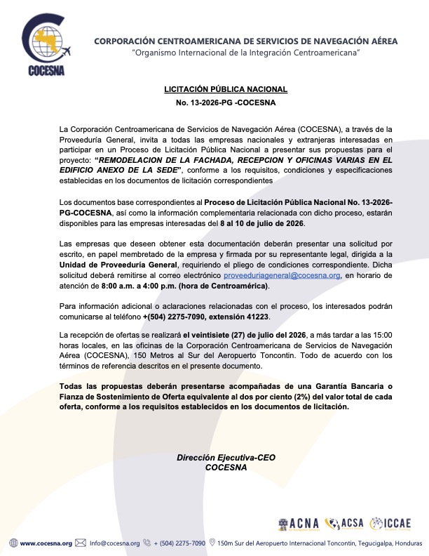 LICITACIÓN PÚBLICA NACIONAL 13-2026-PG REMODELACION DE LA FACHADA, RECEPCION Y OFICINAS VARIAS EN EL EDIFICIO ANEXO DE LA SEDE
