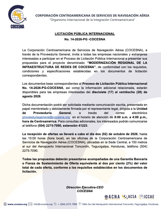 LICITACIÓN PÚBLICA INTERNACIONAL MODERNIZACIÓN REGIONAL DE LA INFRAESTRUCTURA DE REDES DE COCESNA